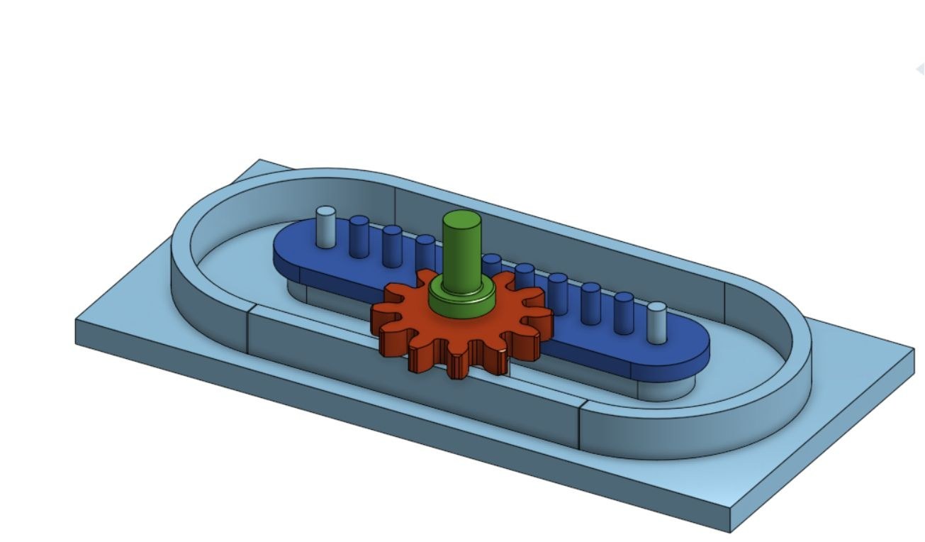 An Onshape assembly of the mangle rack with the base, rack, gear, and axle in different colors
