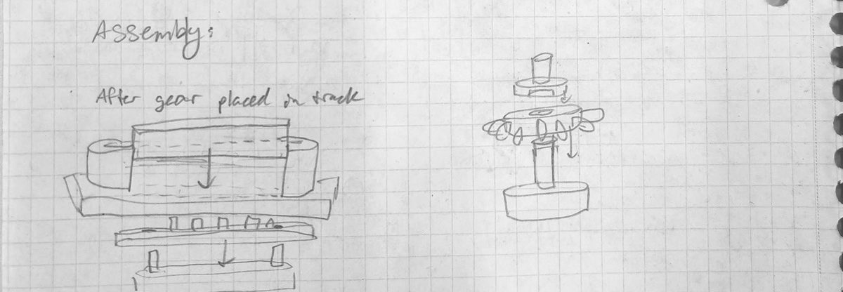 Exploded pencil sketch showing the track, rack, and gear stack going together
