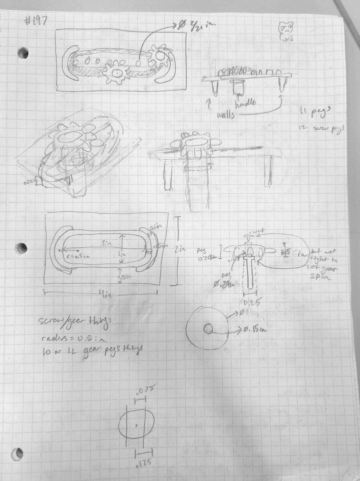 A graph-paper page of dimensioned pencil sketches of the mangle rack