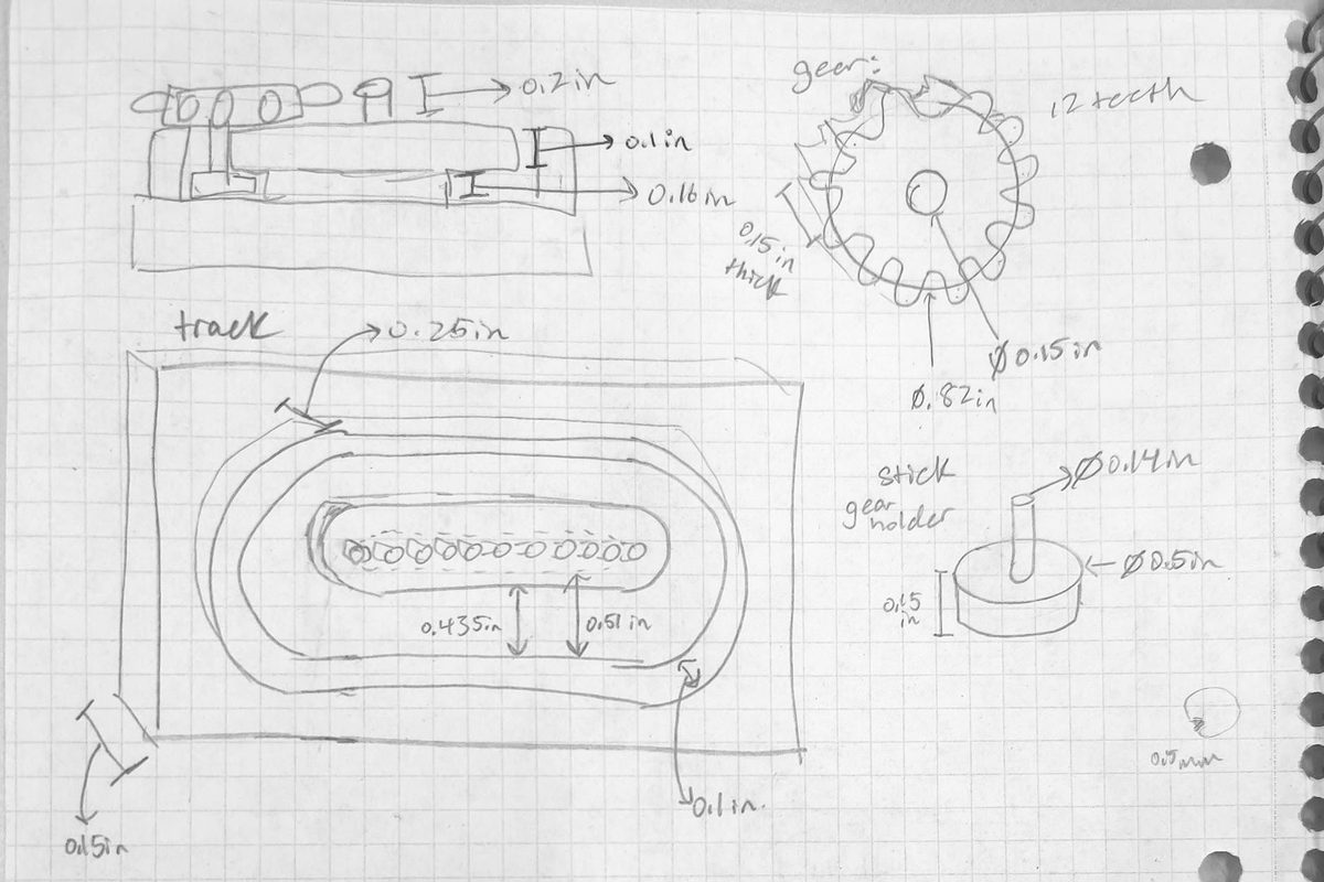 Second-round pencil sketch of the mangle rack track, gear, and gear holder, with dimensions in inches