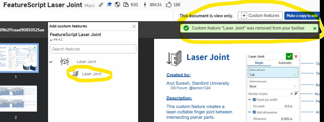 The Add custom features panel with the feature name circled in the list