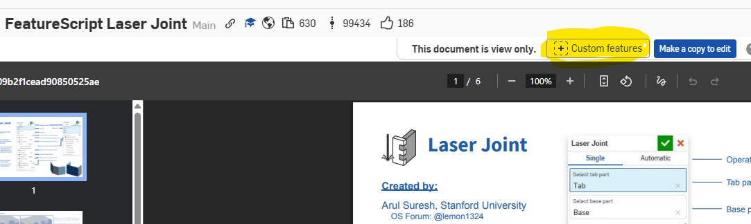 The Custom features button in the Onshape toolbar, circled