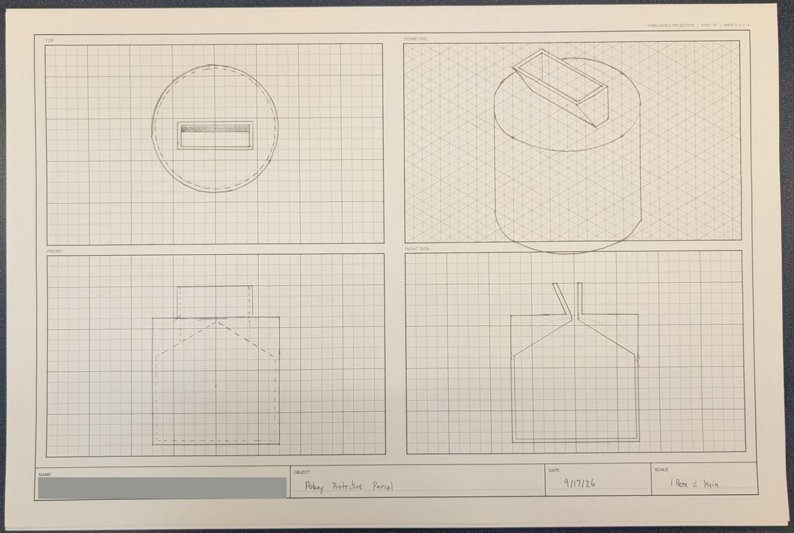 Student drawing of a cylinder with a chute on top and a funnel inside, in top, front, right side, and isometric views