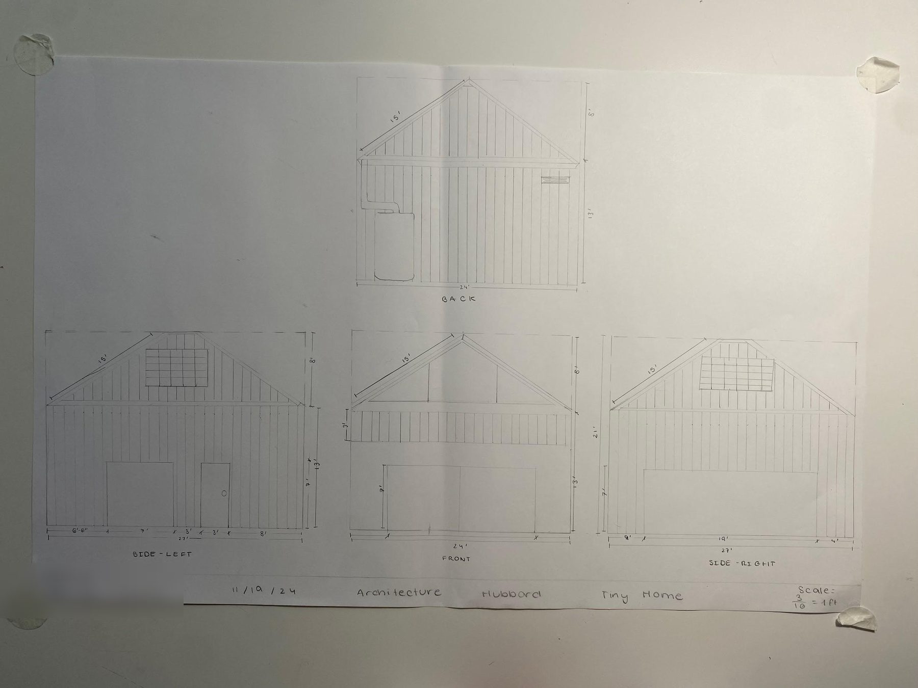 A student sheet with four exterior elevations labeled back, side-left, front and side-right, showing vertical board siding, a gable roof, solar panels, doors, windows and dimensions