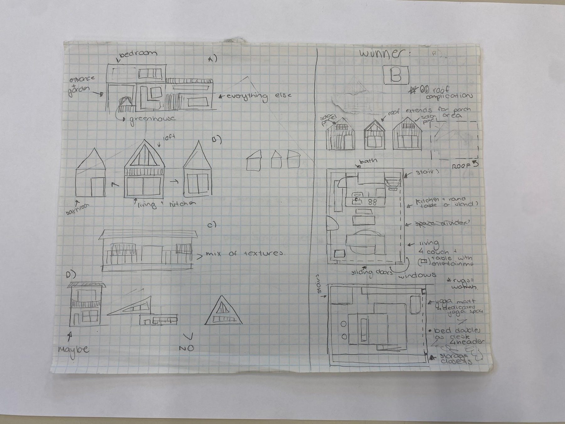 A grid-paper sheet of small house exterior sketches and two floor plan sketches, with notes and the word winner beside option B