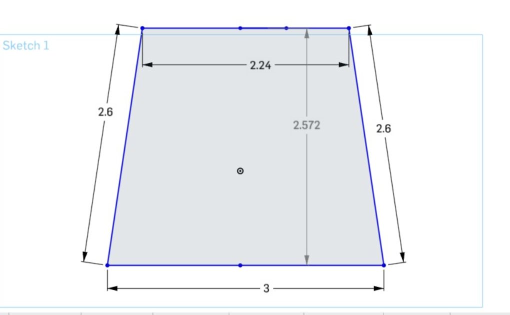 An Onshape sketch of a trapezoid for the knight's upper body, with every side dimensioned