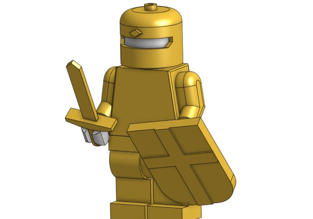 An Onshape assembly of a giant building-block knight holding a sword and shield