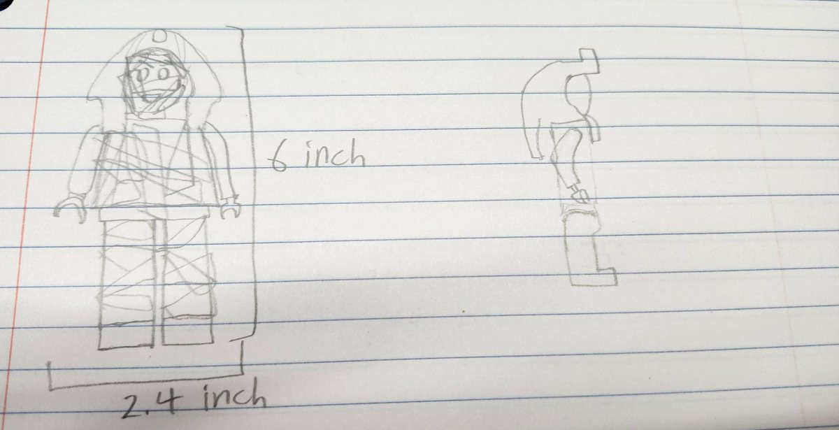 Pencil sketch of a building-block figure in front and side views, labeled 6 inches tall and 2.4 inches wide