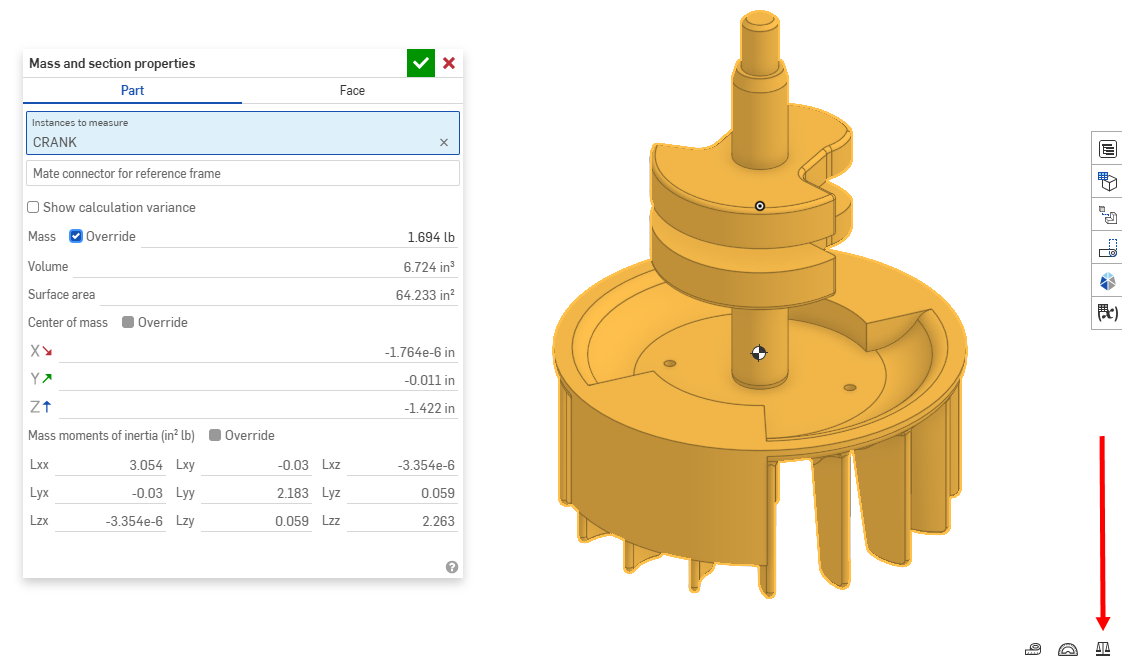 Onshape's Mass and section properties panel showing a part's mass and volume, with a red arrow pointing to the scale icon in the bottom-right corner