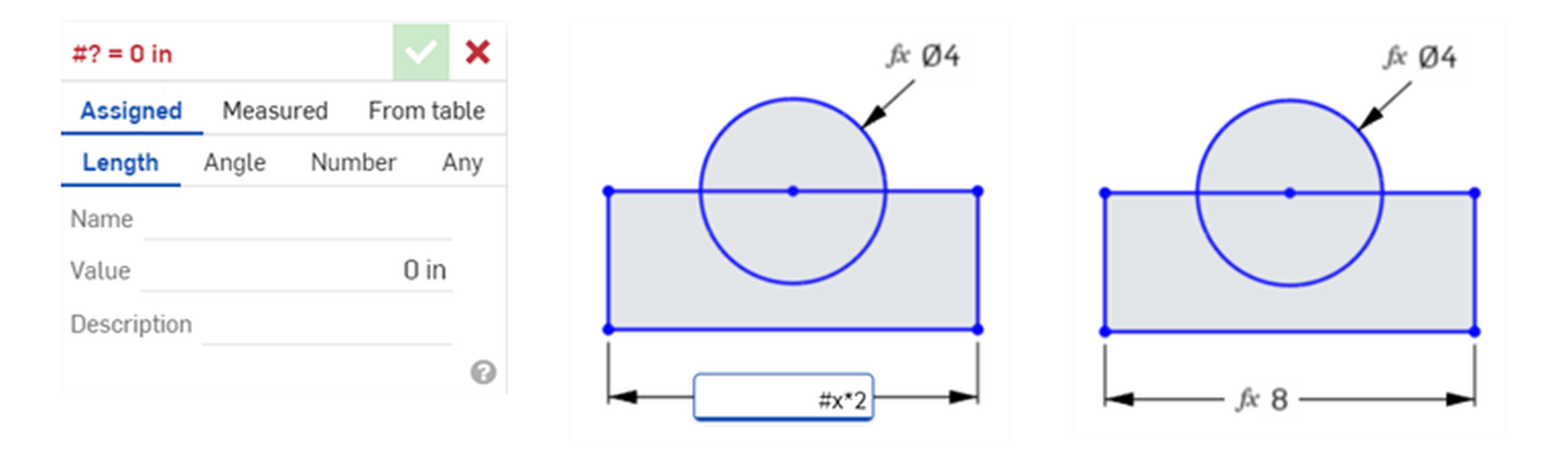 Onshape's Variable dialog with Name and Value fields, then a sketch dimension typed as #x*2, then the same dimension solved to 8