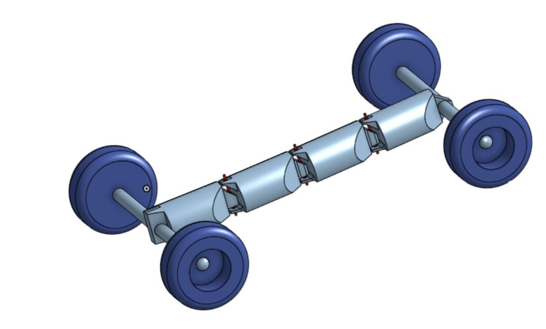 Onshape assembly of a snake car: four half-round body segments linked end to end, with two axles and four blue wheels