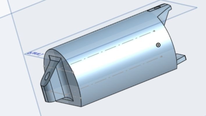 One snake segment in Onshape: a long half-round body with a flat underside, and a tab with a pin hole at each end